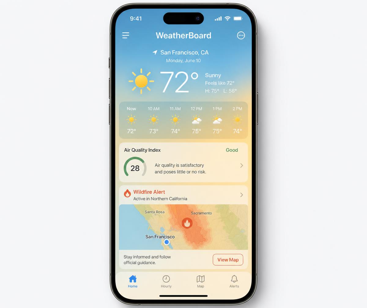 WeatherBoard app screen showing a sunny forecast, hourly strip, air quality index, and a wildfire alert map